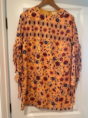 English Factory Orange Multicolor Floral Long Sleeve Dress with fringe small